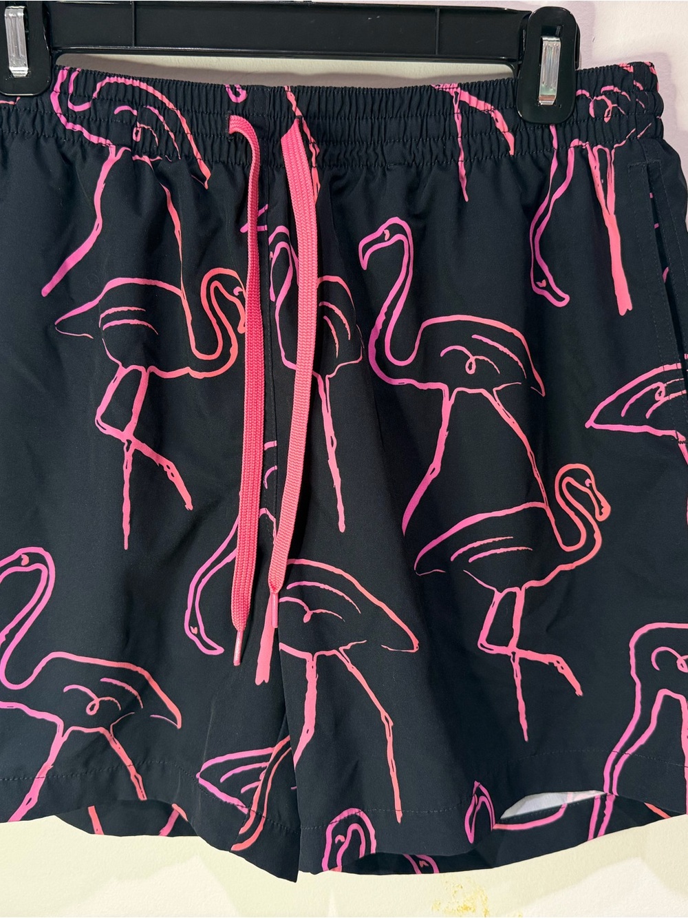 chubbies Black Athletic Shorts with Hot Pink Flamingo Print